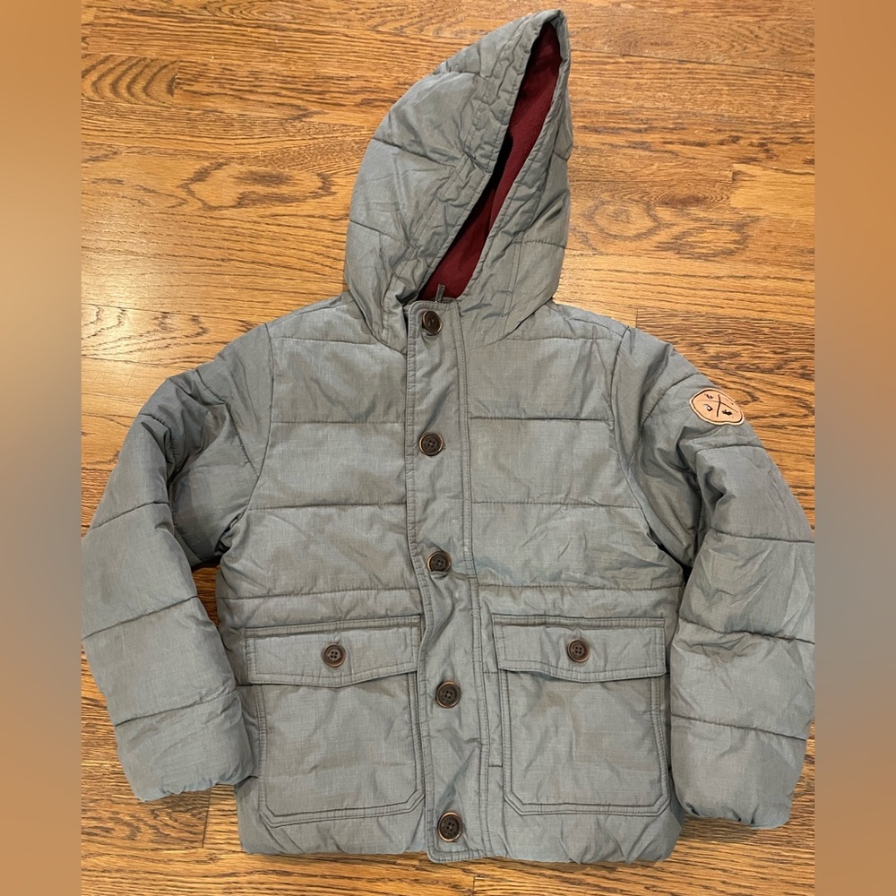 Abercrombie Kids Gray Hooded Puffer Jacket Size 9-10  Logo Patch Quilted Coat